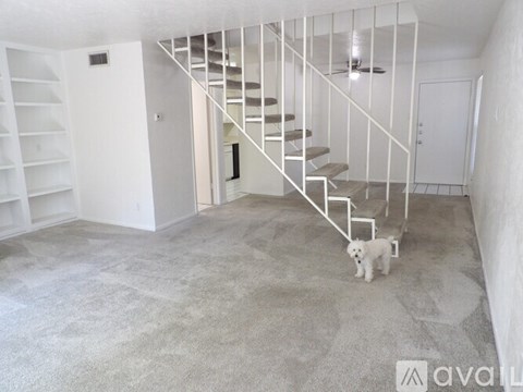 A dog is standing in a room with a staircase.