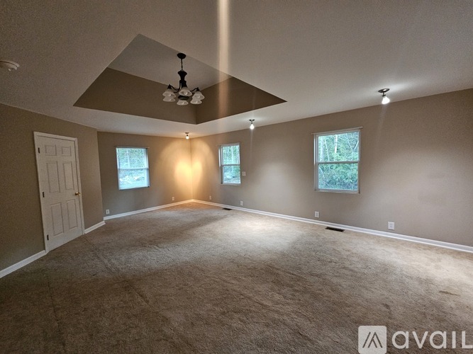 A spacious room with a carpeted floor, a ceiling fan, and three windows.