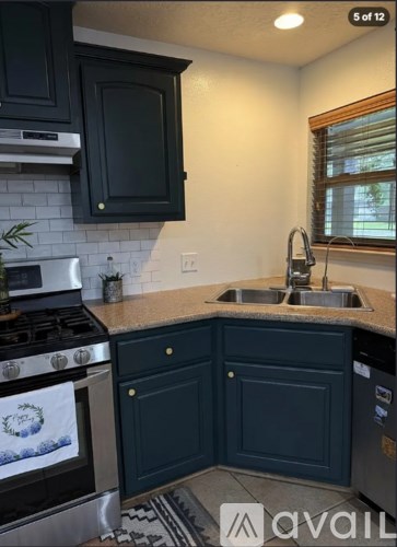 A kitchen with dark green cabinets and a stainless steel oven.