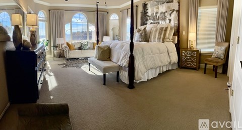 A bedroom with a large bed and a living area with a couch.