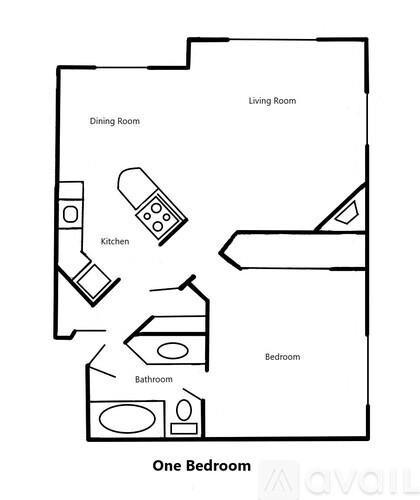 A black and white diagram of a one bedroom apartment.