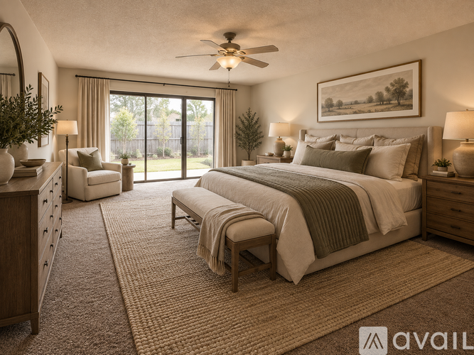 A bedroom with a large bed, a dresser, a chair, and a ceiling fan.