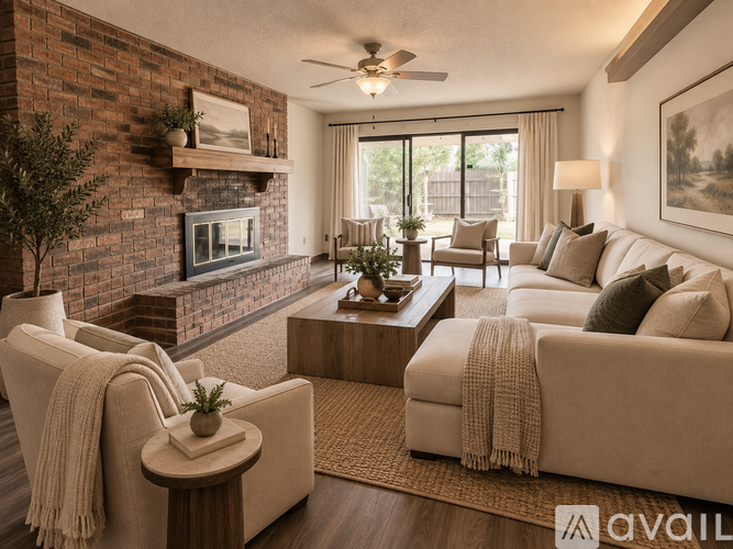 A living room with a fireplace and a couch.