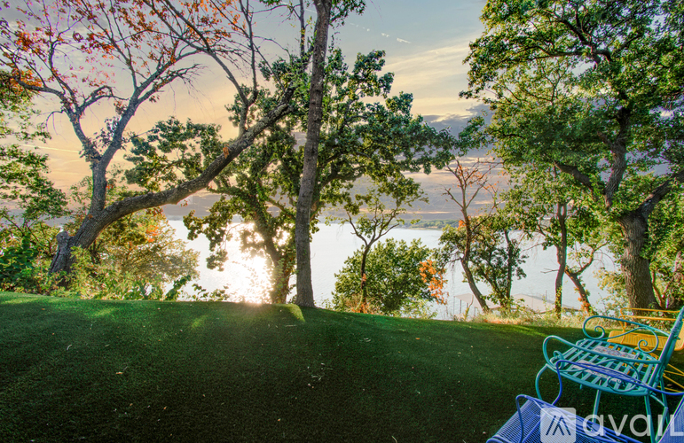 A bench is on a hill with trees and a body of water in the background.