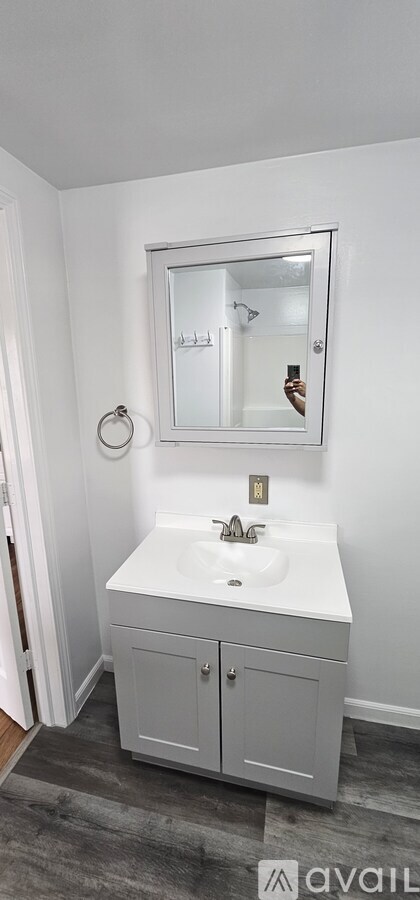 A bathroom with a white sink and a mirror above it.