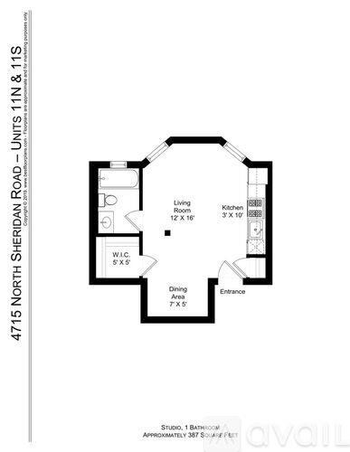 A floor plan of a studio apartment with a living room, kitchen, and bathroom.