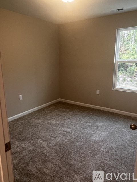 A room with a carpeted floor and a window showing trees outside.