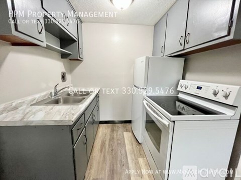 A kitchen with a sink, stove, and cabinets is for rent.