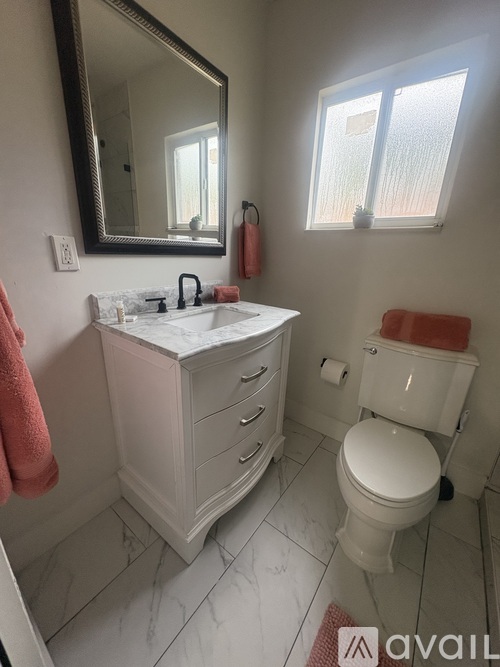 A bathroom with a white vanity and a toilet.