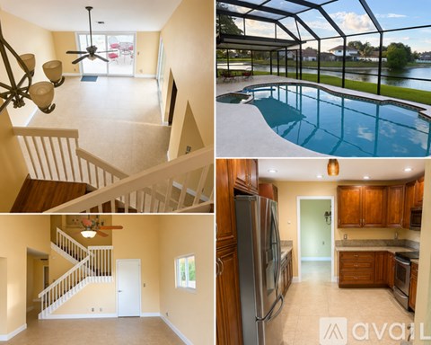 A collage of images showing the interior of a house with a pool, kitchen, and living room.