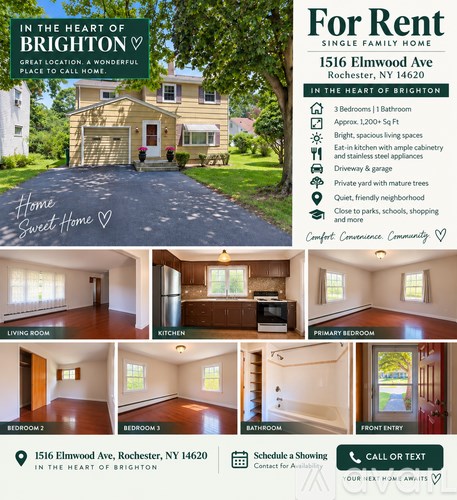 A house for rent in Brighton, NY is advertised with a collage of the interior spaces.