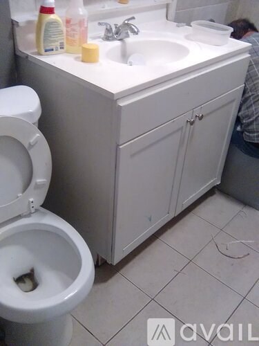 A white toilet is next to a sink in a bathroom.