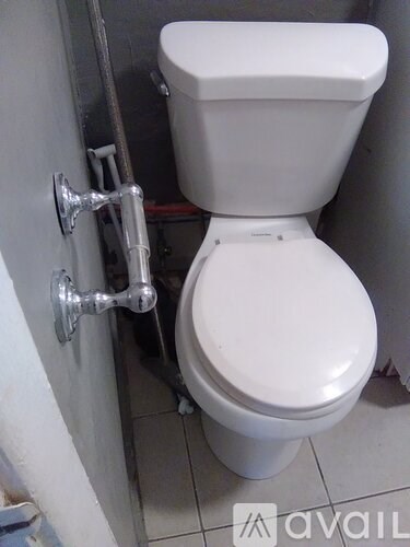 A white toilet with a silver flush handle in a bathroom.