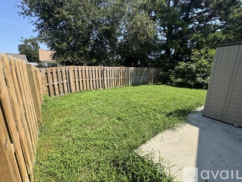 A wooden fence borders a grassy area with a shed in the background.