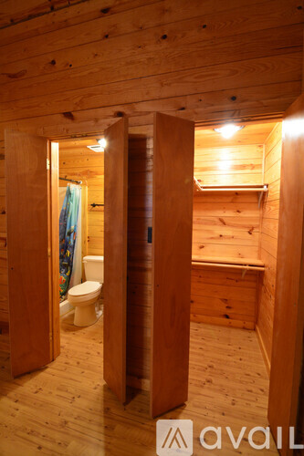 A wooden bathroom with a toilet and a shower.