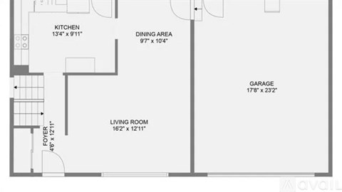 A floor plan of a house with a kitchen, dining area, living room, and garage.