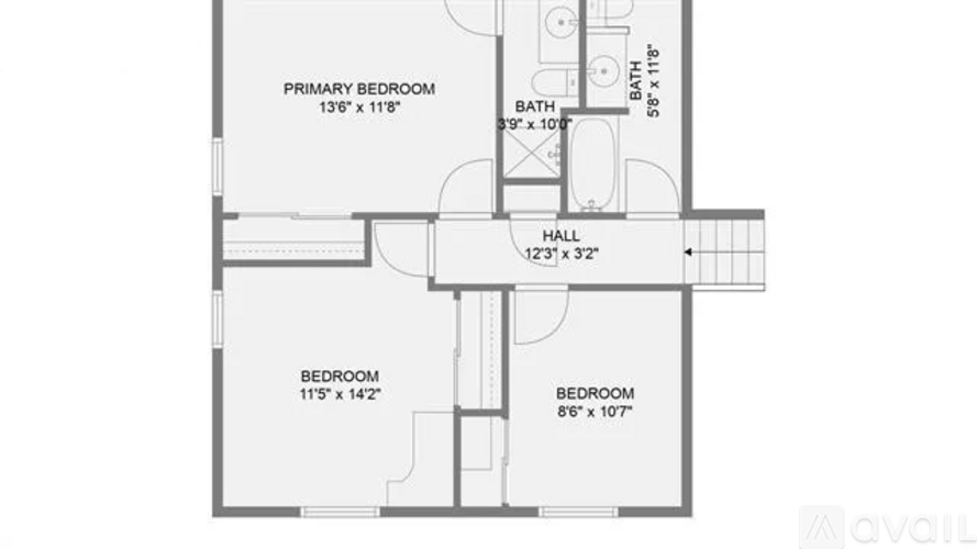 A floor plan of a house with a primary bedroom, two additional bedrooms, and a hall.