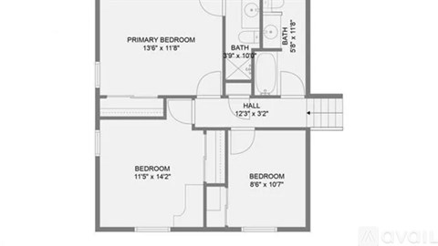 A floor plan of a house with a primary bedroom, two additional bedrooms, and a hall.