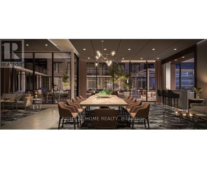 A modern dining room with a large table and chairs.