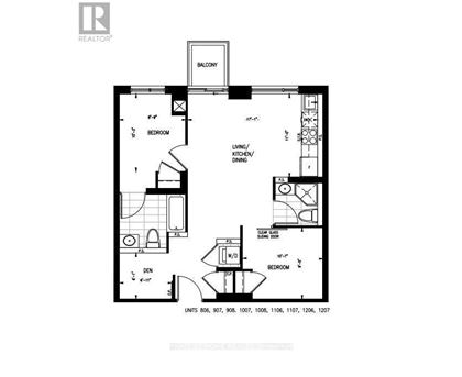 A black and white image of a floor plan for a home with a balcony, living/kitchen/dining area, and two bedrooms.