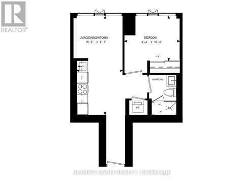 A floor plan of a small apartment with a living room, kitchen, and bedroom.