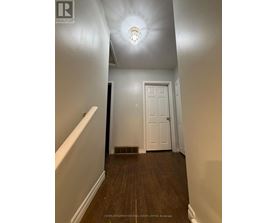 A hallway with a white door and wooden floors.