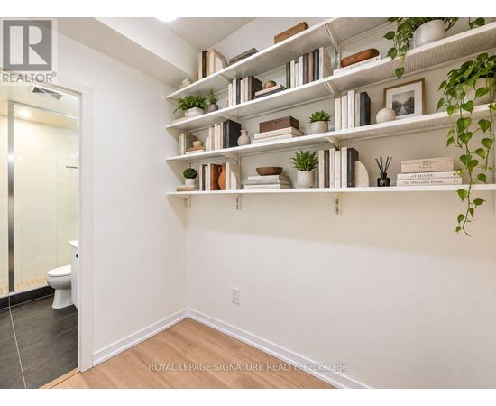 A white bathroom with a toilet and a shelf with plants and books.