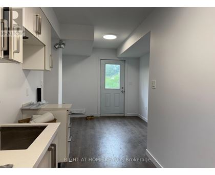 A room with a door leading outside and a counter on the left.