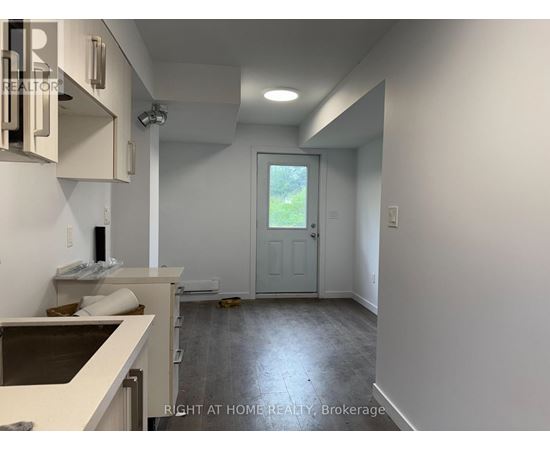 A room with a door leading outside and a counter on the left.