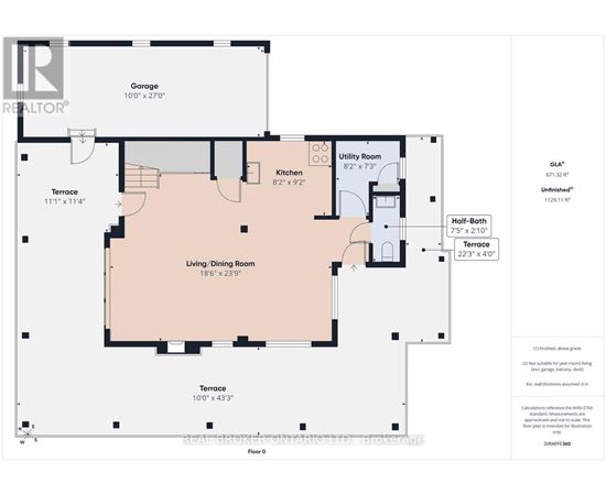 A floor plan for a home with a garage, terrace, and living/dining room.
