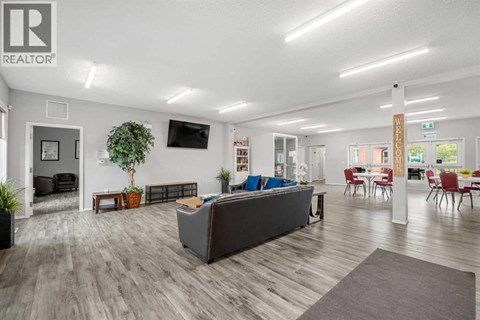 A spacious living room with a grey sofa and a wooden floor.