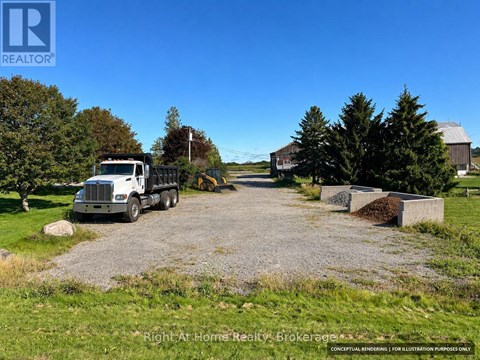A gravel driveway leads to a house with a truck parked in front.