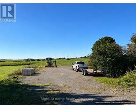 A dirt road with a white truck and a yellow tractor.