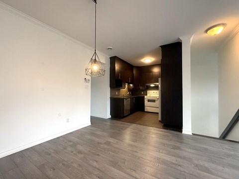 A modern kitchen with dark wood cabinets and a light wood floor.