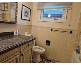 A bathroom with a toilet, a counter, and a window.