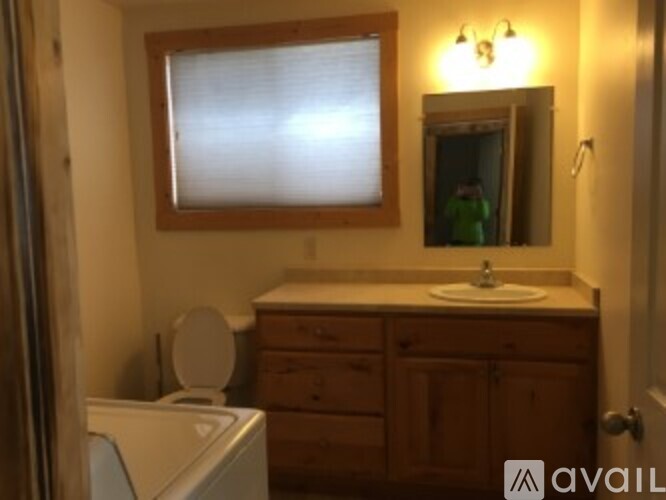 A bathroom with a toilet, sink, and mirror.