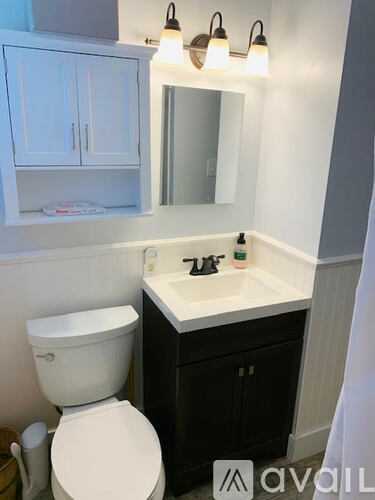A white toilet sits next to a sink in a bathroom.