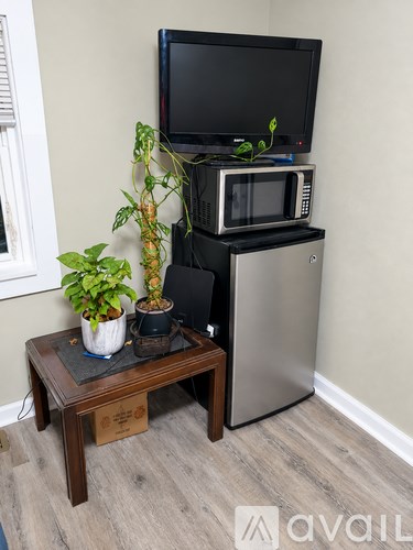 A small table with a potted plant and a microwave on top of a fridge.