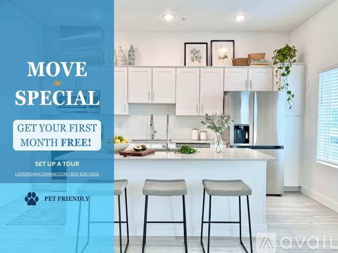 A modern kitchen with a promotion for a free first month of rent.