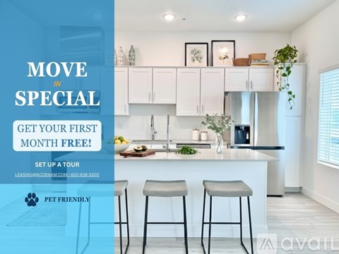 A modern kitchen with a promotion for a free first month of rent.