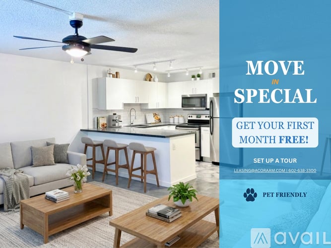A living room with a bar and a kitchen in the background, advertising a free first month for a move in special.