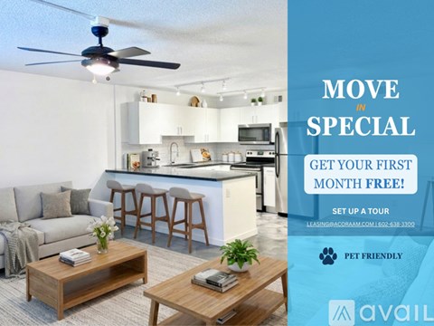A living room with a bar and a kitchen in the background, advertising a free first month for a move in special.