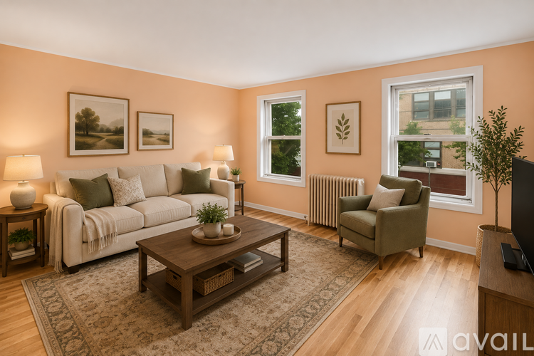 A living room with a white couch, a green armchair, a wooden coffee table, and pictures on the wall.
