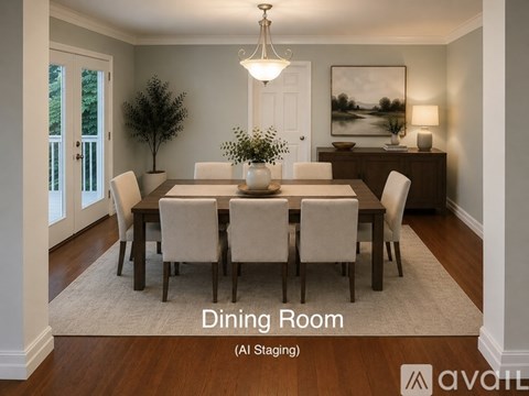 A dining room with a table set for six.