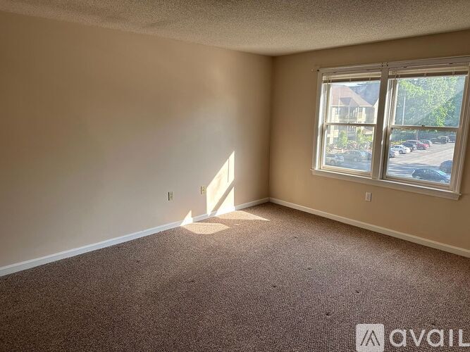 A room with a carpeted floor, a window, and a view of a street outside.