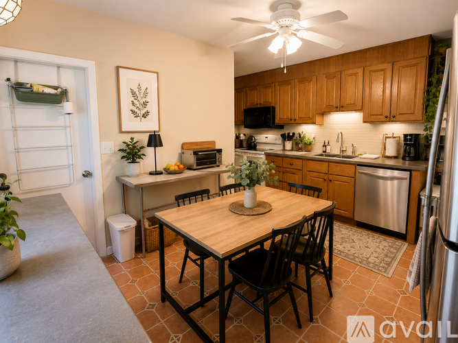 A kitchen with a table and chairs in the middle of the room.