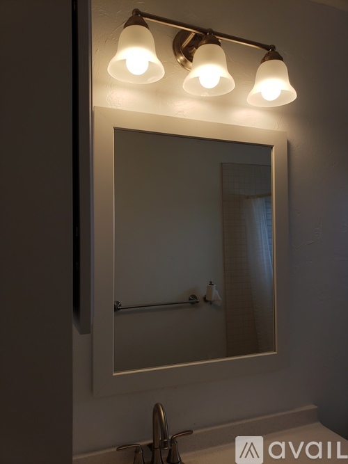 A bathroom with a mirror and lights above it.