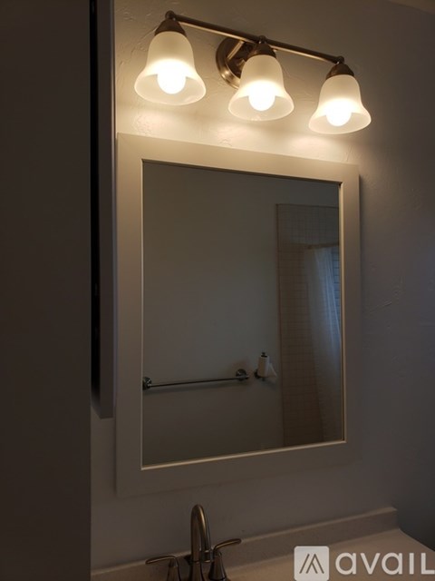 A bathroom with a mirror and lights above it.