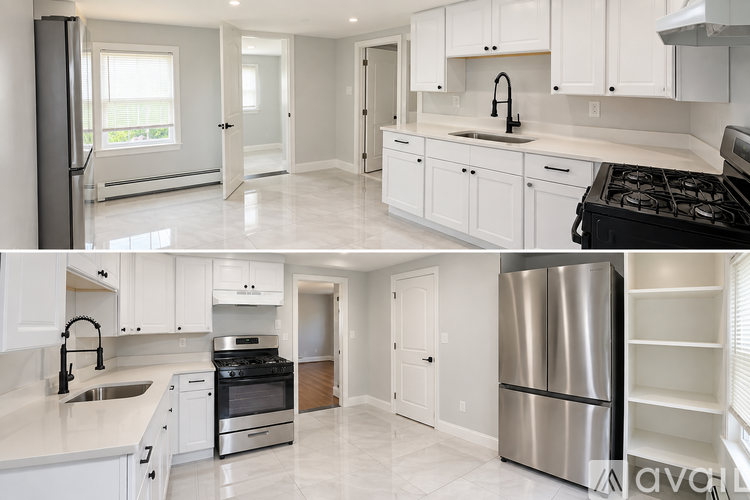 A modern kitchen with white cabinets and appliances.