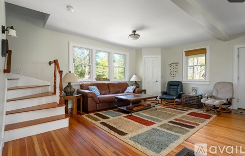 A living room with a brown couch and a rug.